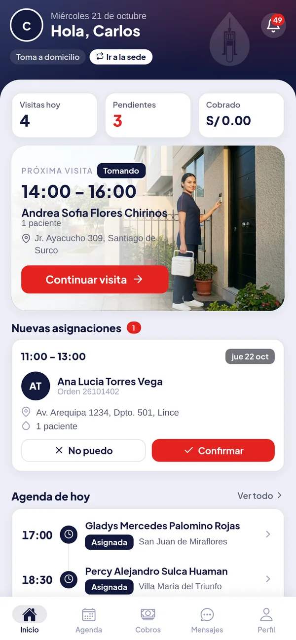 App del flebotomista con la próxima visita.