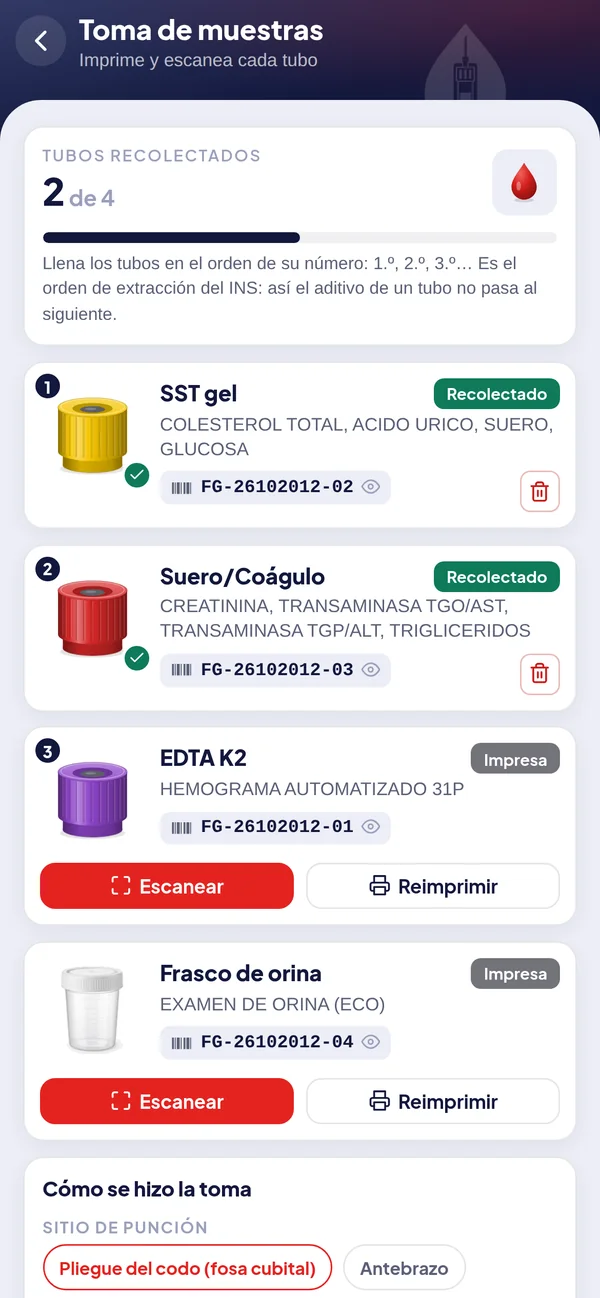 Cada tubo con su color, examen y código de barras.