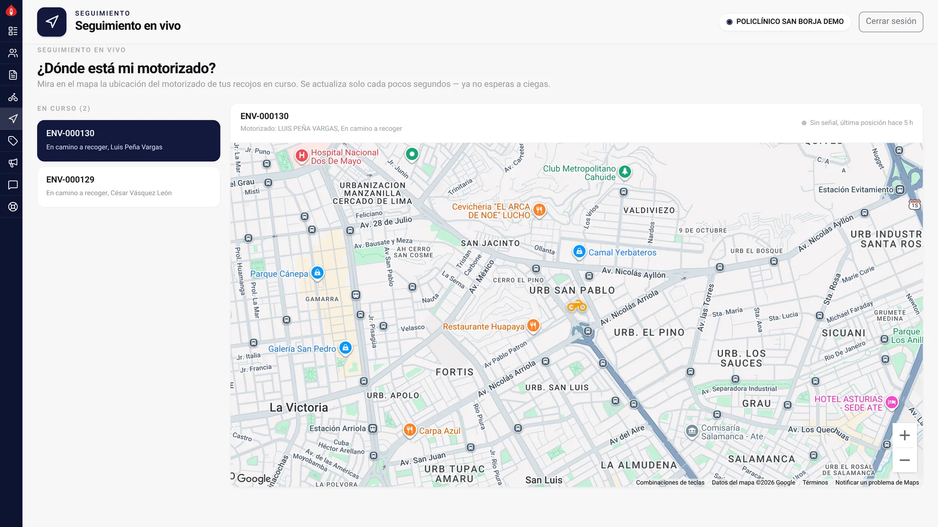 Portal de una clínica aliada con el mapa del motorizado.