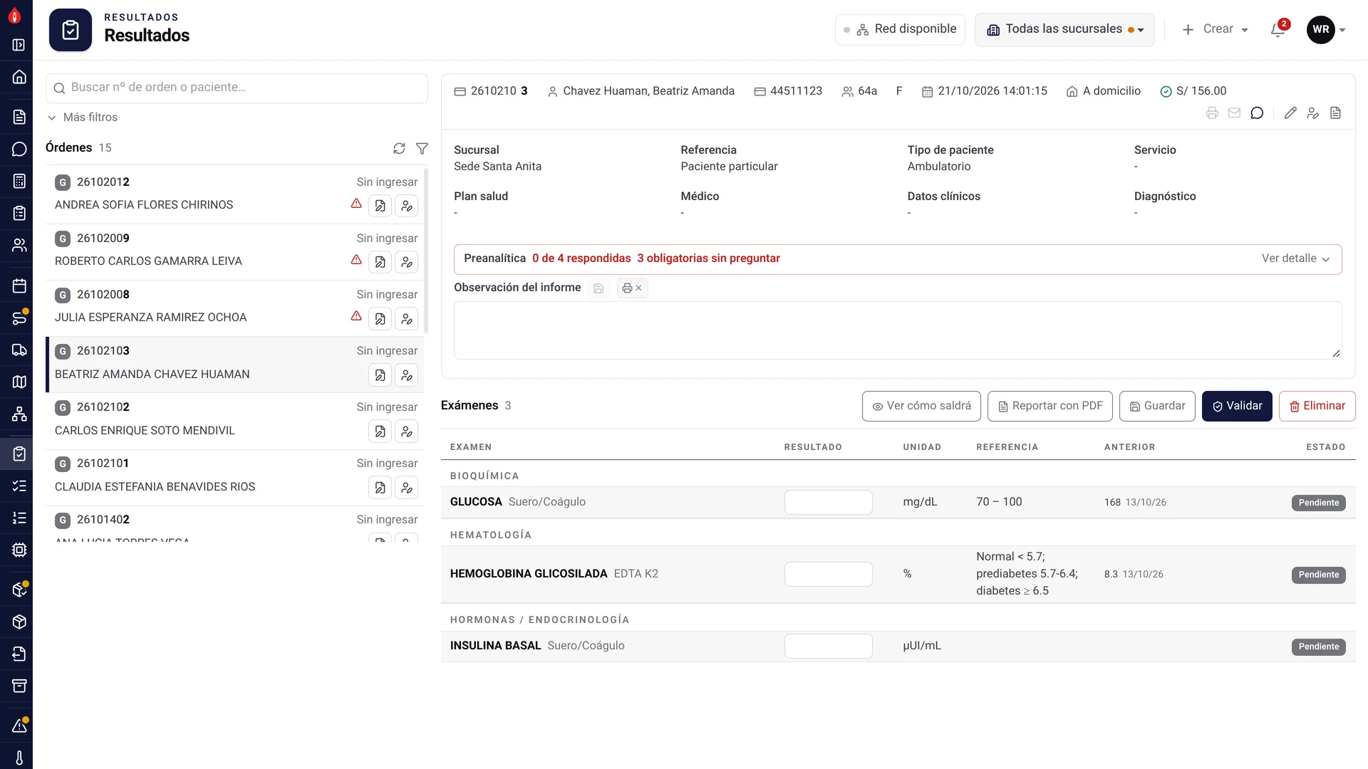 Ingreso de resultados con valores de referencia y el botón Validar.