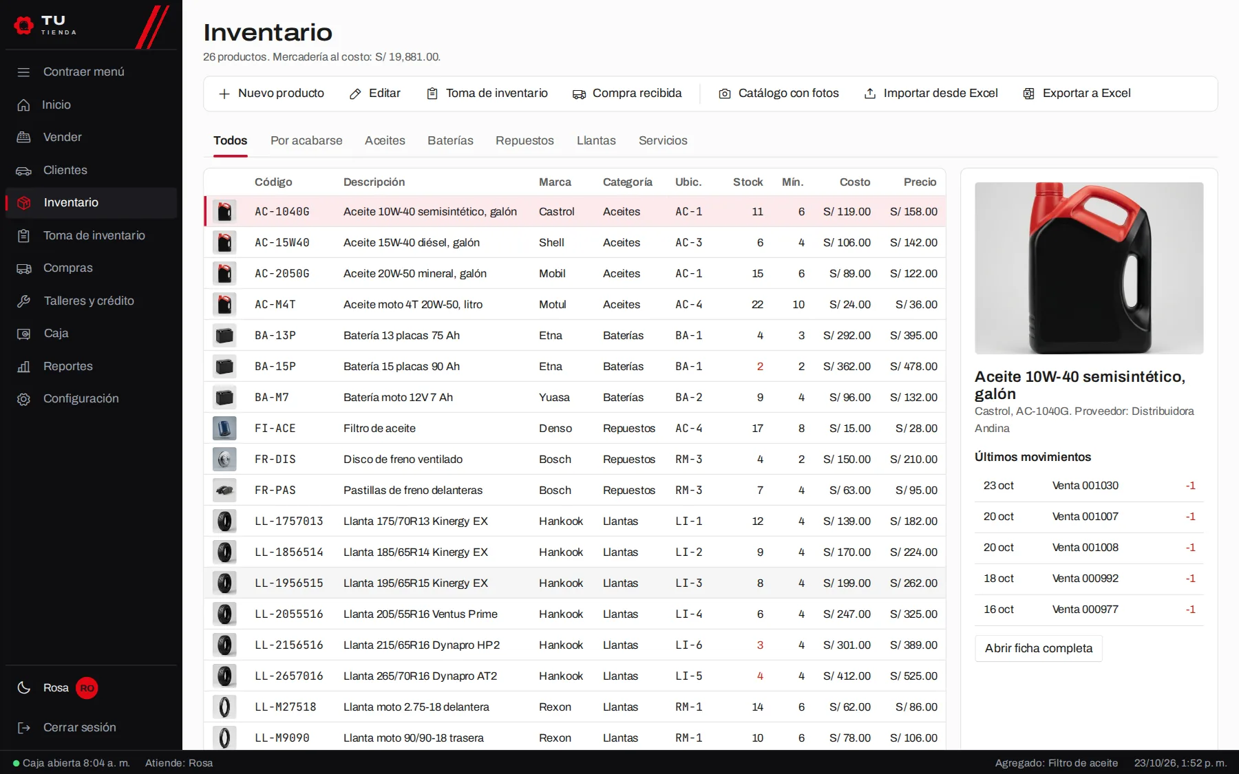 Inventario con código, ubicación, stock y precio.