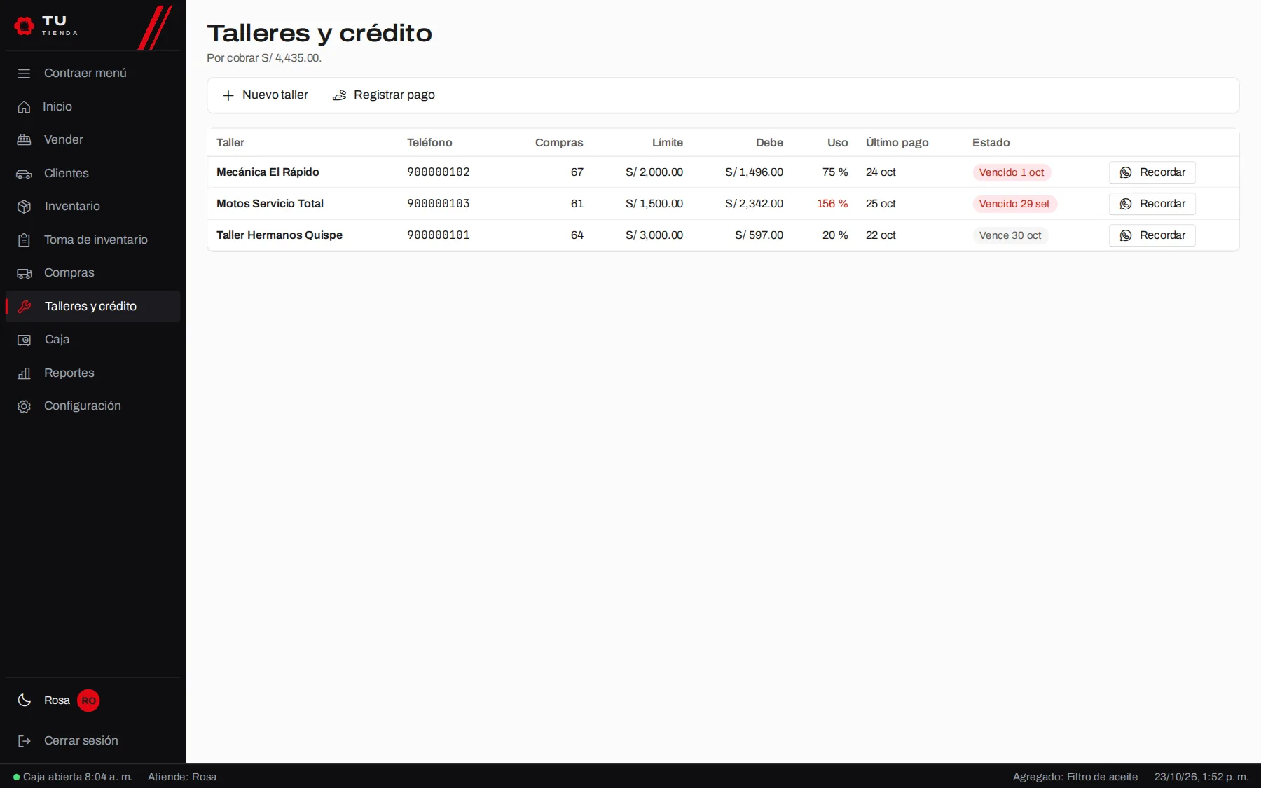Talleres con su deuda y su límite de crédito.