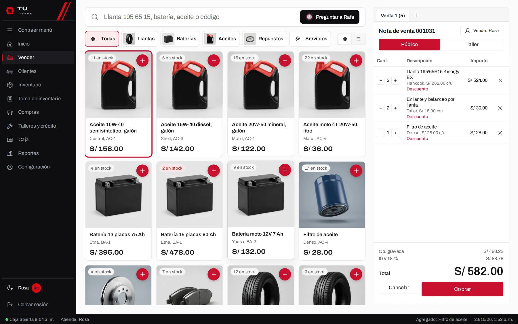 Pantalla de venta con fotos de productos y la nota de venta.